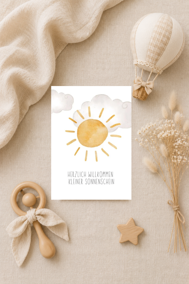 Postkarte A6 zur Geburt - Herzlich Willkommen kleiner Sonnenschein