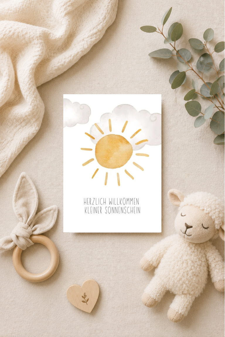 Postkarte A6 zur Geburt - Herzlich Willkommen kleiner Sonnenschein