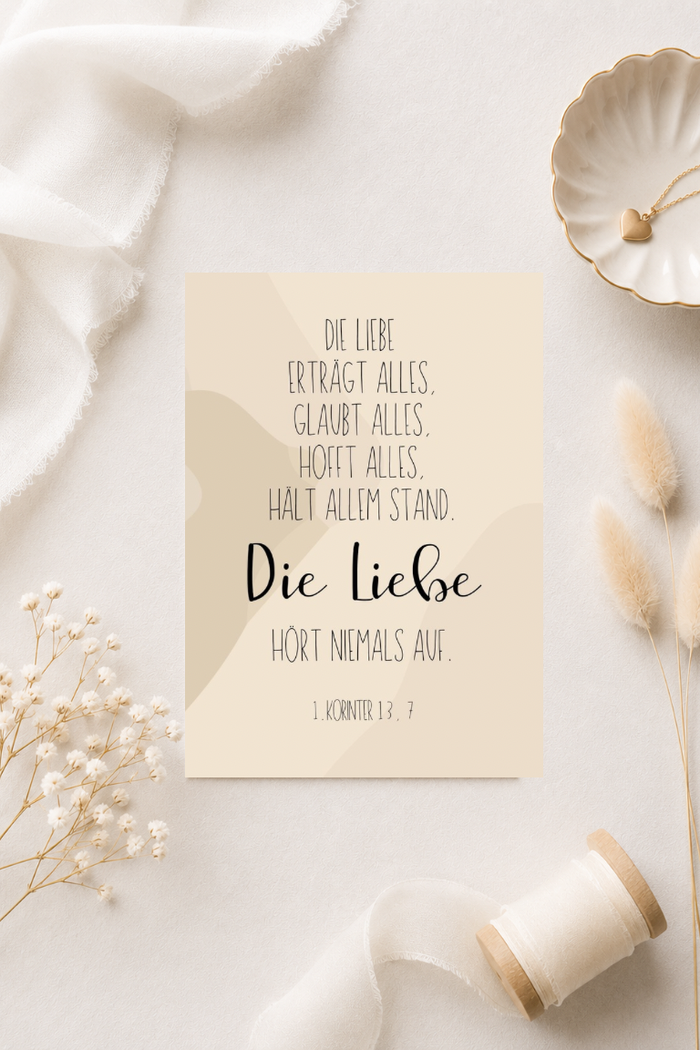 Christliche Postkarte zur Hochzeit A6 - Die Liebe erträgt alles … 1. Korinther 13,7