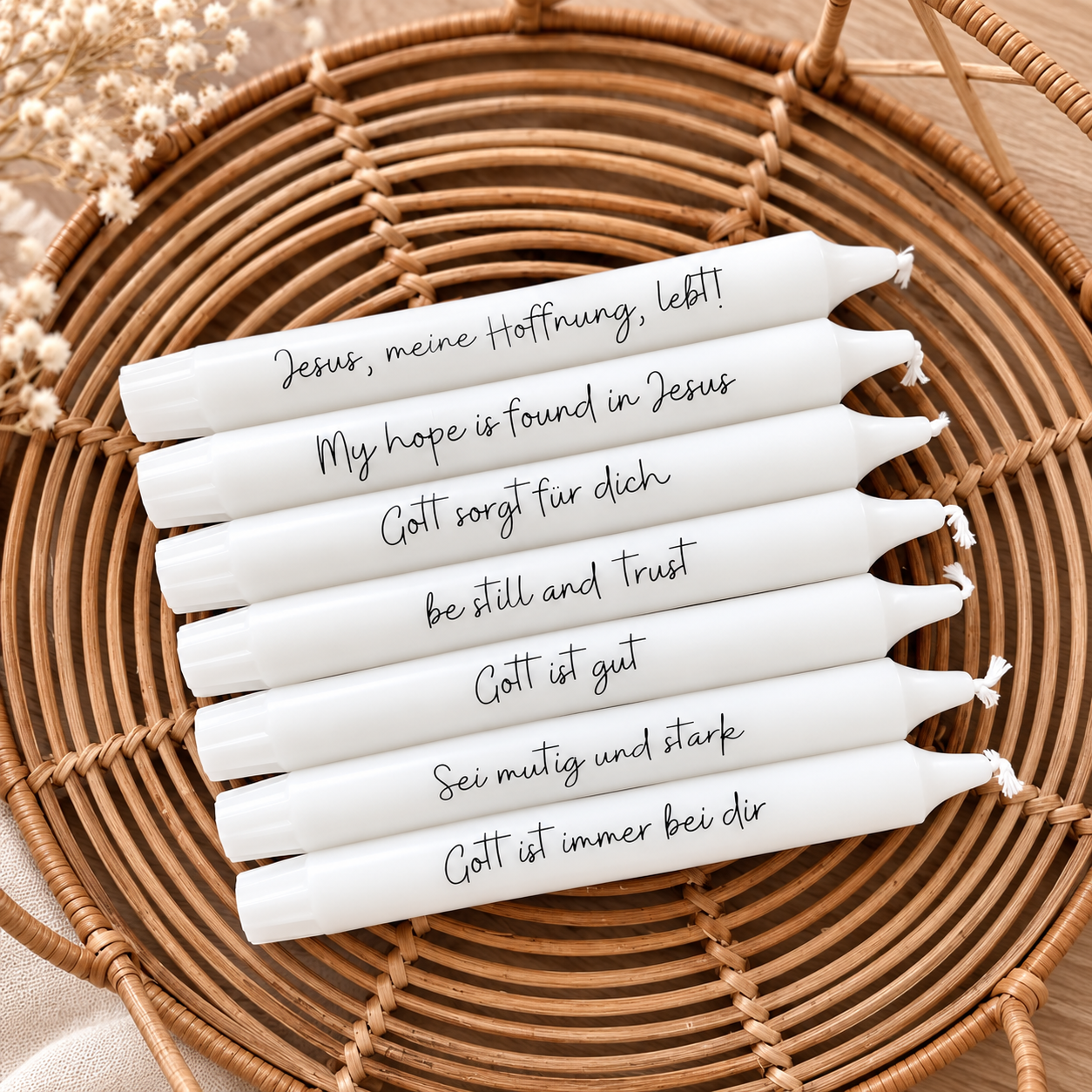 christliche Geschenkidee - Stabkerzen mit Schriftzug